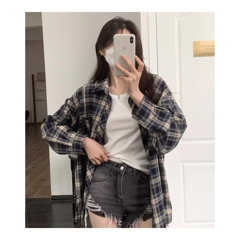 American high street color matching plaid long sleeve shirt women's spring and autumn loose trend shirt coat-