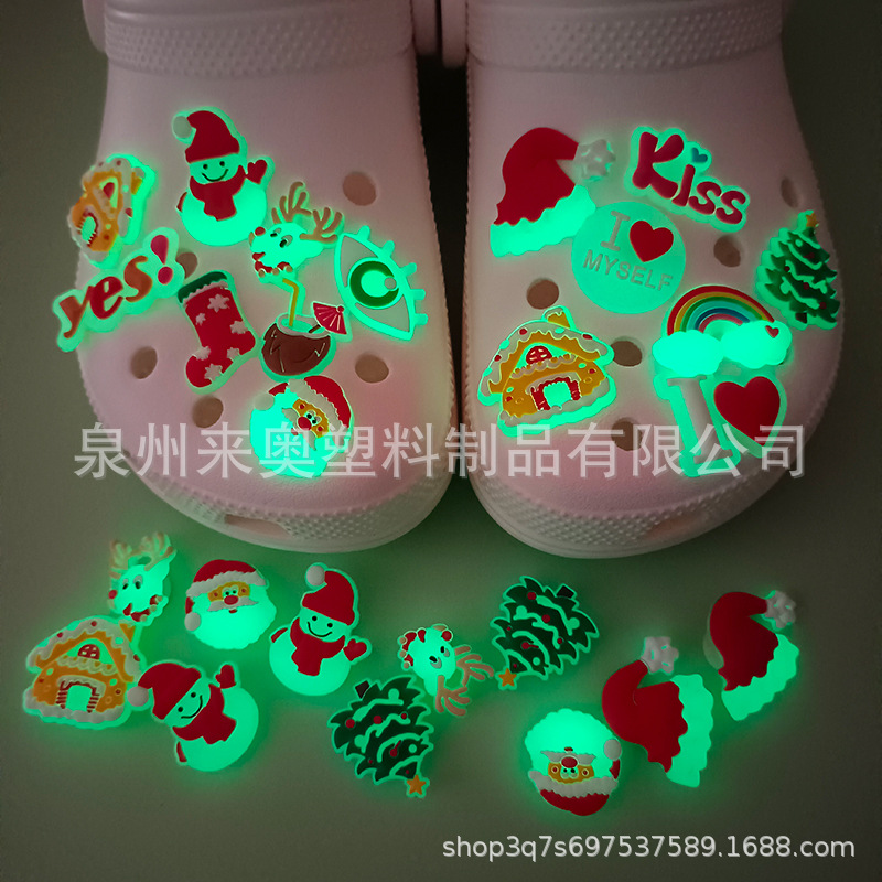 Cross-Border Hot Selling Christmas Luminous Hole Shoes Flower Shoes Accessories Cartoon Pvc Fluorescent Shoe Buckle Bracelet Buckle Decoration Now