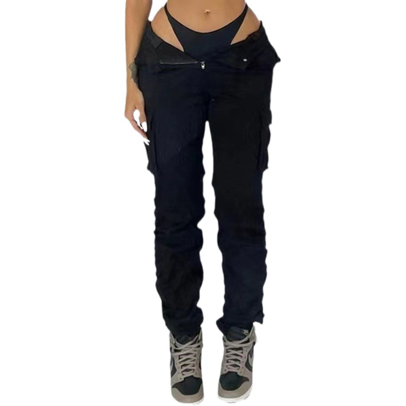 2023 European and American cross-border solid color women's overalls multi-pocket casual high waist fashion trendy all-matching trousers