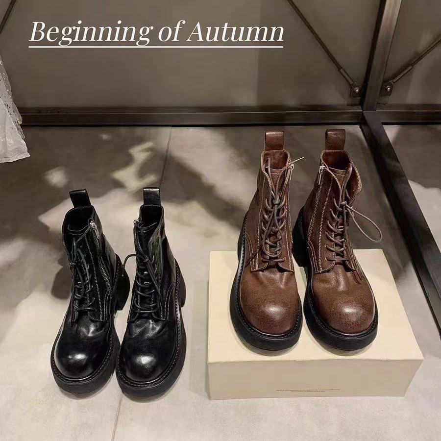 Grape Mom Same Texas Holiday ~ Heavy Shrinkage Cowhide Lace-up Side Zipper Thick Heel Martin Boots Women's Autumn and Winter