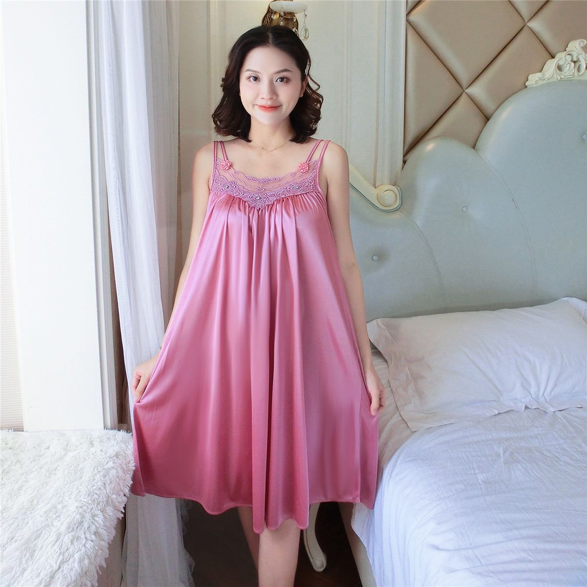 Summer fashion sexy lace sleeveless vest plus large size ladies all-light ice silk long nightgown wholesale