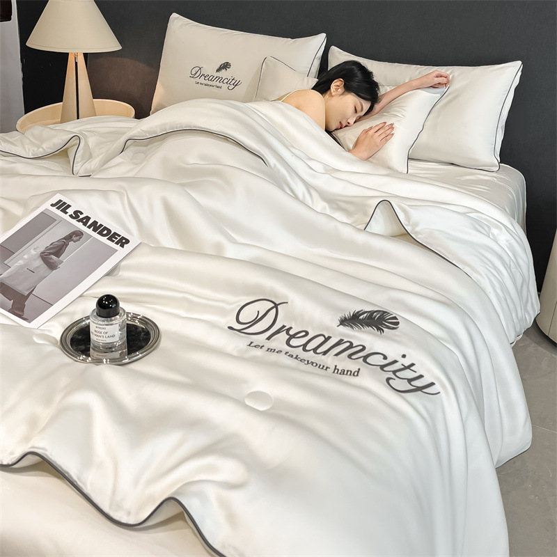 Picture of Washed Ice Silk Summer Quilt Four-piece Solid Color Embroidered Cool Air Conditioned Quilt Summer Gift Summer Quilt Summer Thin Quilt