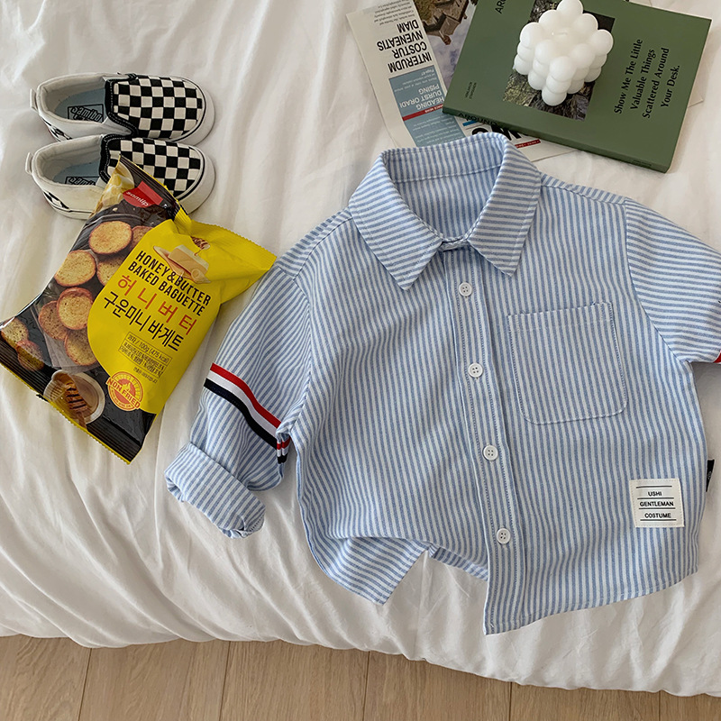 Picture of Tong Chenchen Mom Men's Children's Clothing Western Style Hong Kong Style Temperament Children's Shirt College Style Long Sleeve Shirt Top Striped Tide TB