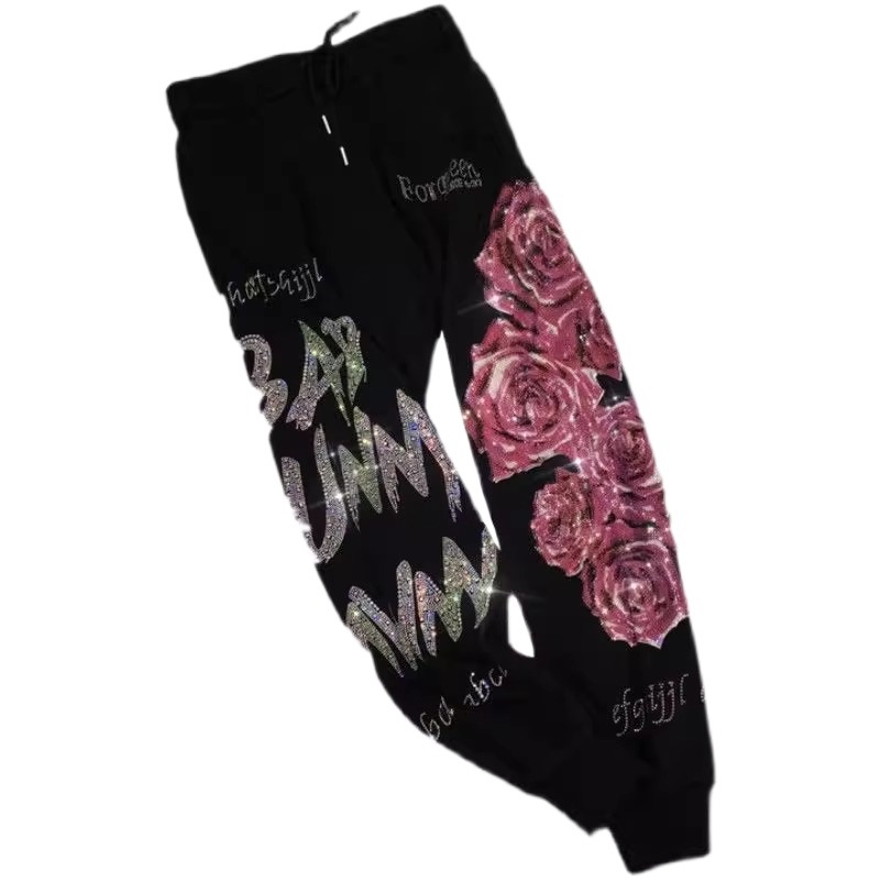 Extras Size 1.00 kg-150.00 kg Chubby M New Arrival Heavy Industry Hot Drilling Pants Women's Light Luxury Flower High Waist Slimming Leg Sports Pants