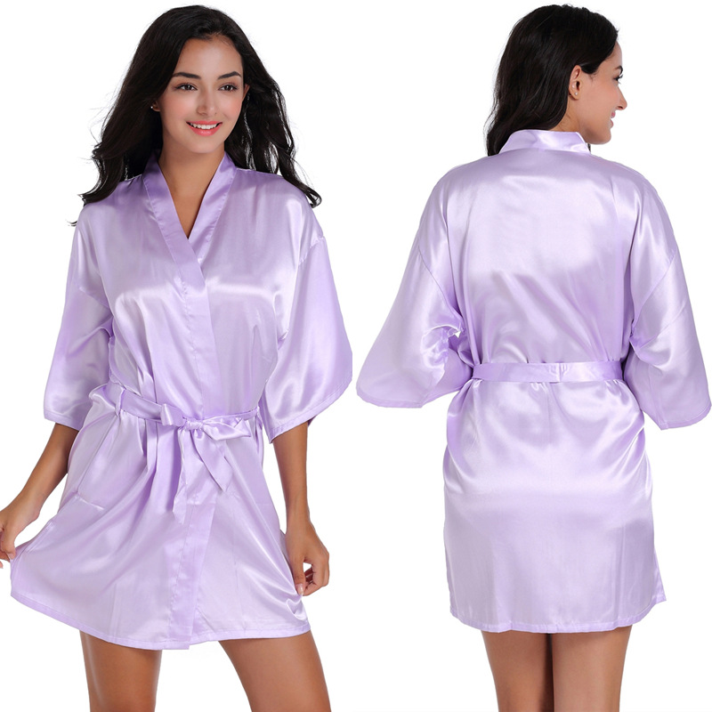 Picture of Amazon Cross-border Women's Twisted Sade Nightgown Bathrobe Solid Color Glow Summer Thin Sexy Short Cardigan Gown