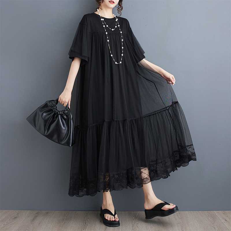 Picture of 2024 Summer New Korean Style plus size Loose Mesh Stitching Mid-length Fashionable Slim dress