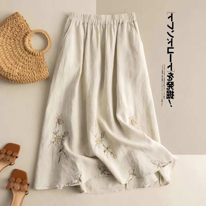 Mid-Length Cotton Women's Skirt Women's Falling Feeling Loose Embroidered Ethnic Style New A-Line Skirt Versatile Retro