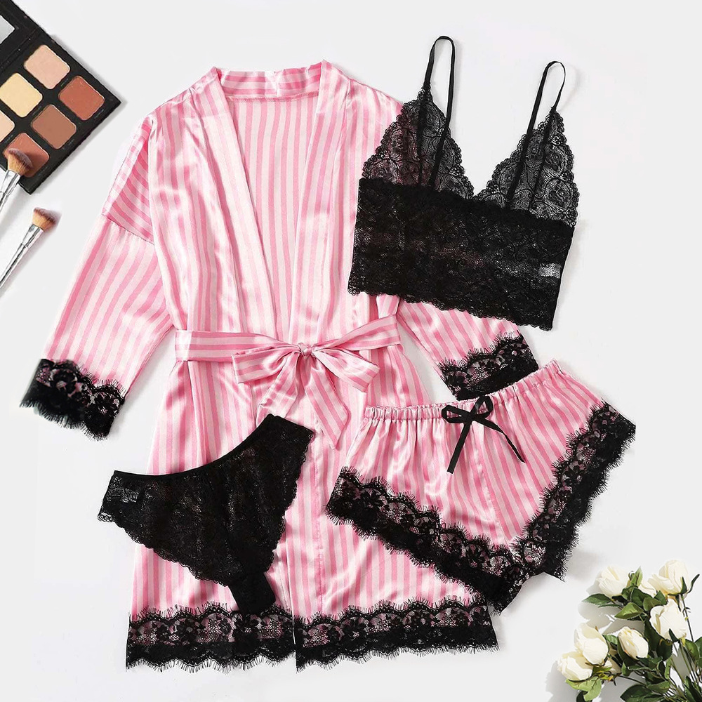 2023 New Foreign Trade Sexy Lingerie Satin Pink Striped Jacket Lace Sexy Bra and Panties Four-Piece Set