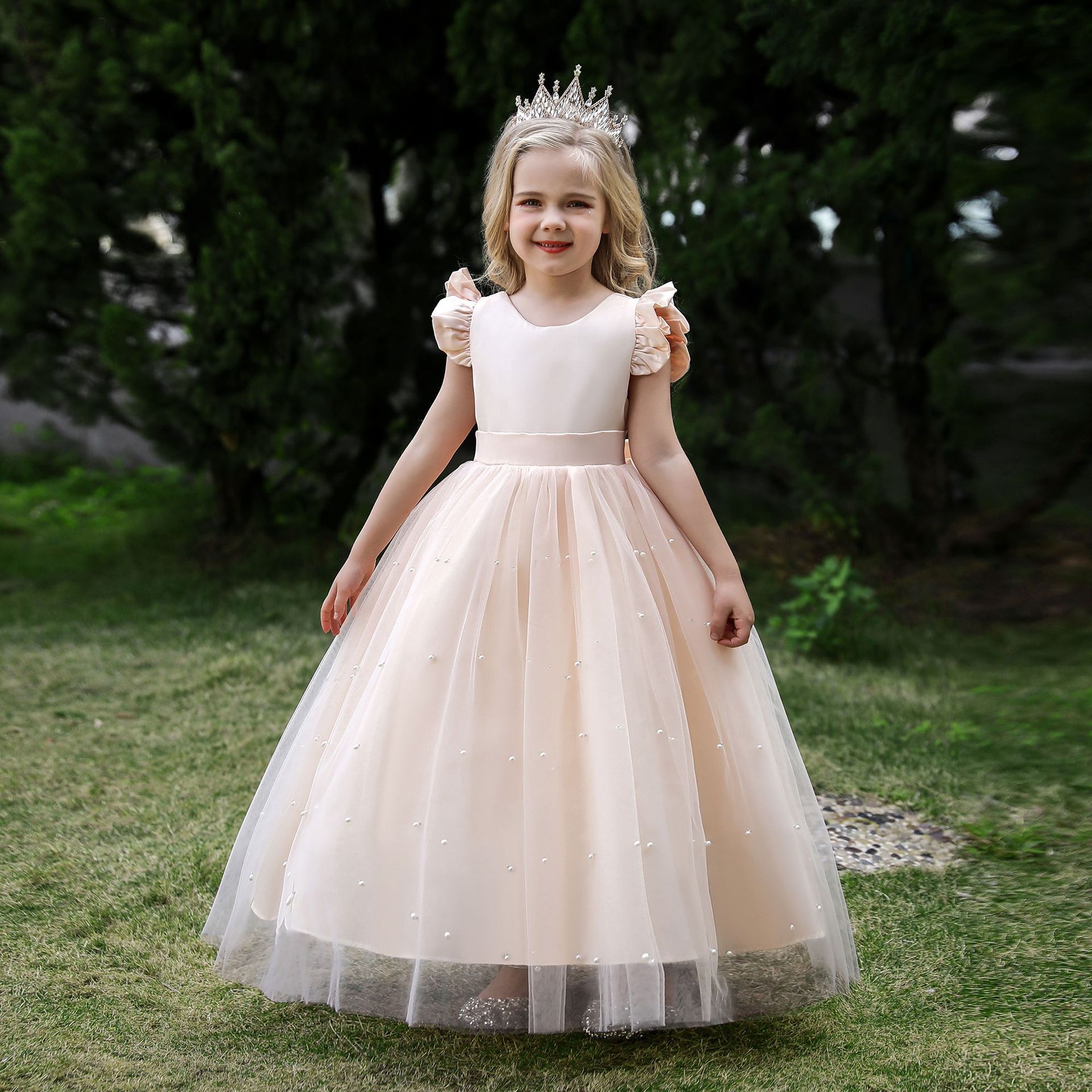 Picture of European and American Children's Dress Flower Girl Princess Dress Girl's Bow Long Dress Piano Performance Dress Poncho Wedding Dress Dress