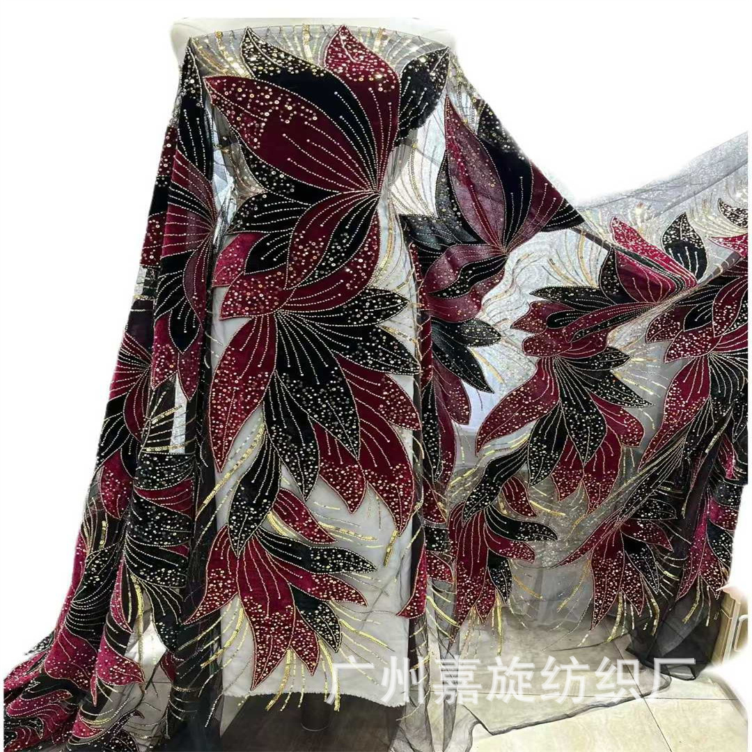 Middle Eastern style flocked beaded tube sequin embroidered lace fabric two-tone cheongsam dress skirt performance costume embroidered cloth LACE
