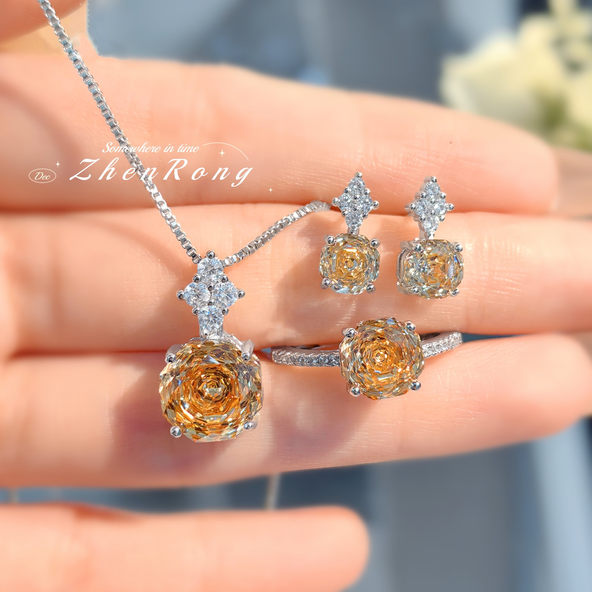 Fashion Entry Luxury Octagonal Rose Cut Pendant Necklace Champagne Diamond Ring Apple Green Earrings Pink Diamond Color suit Women