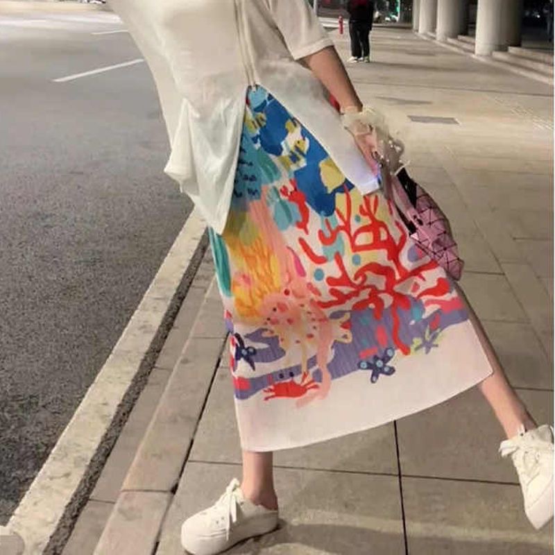 Picture of Niche design pleated skirt spring and summer thin elastic waist printed slimming age-reducing hip slit pleated skirt