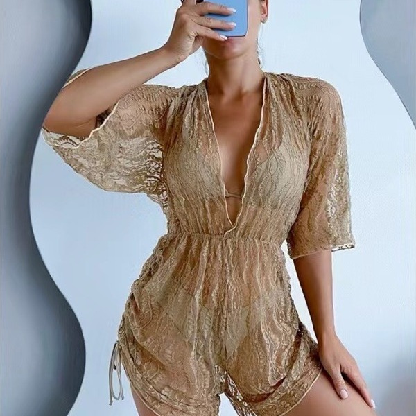 2024 New European and American Three-piece Bikini Leaf Print Waist Tie Fashionable Long-sleeved Beach Anti-scratch Swimsuit