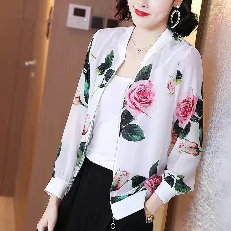Picture of Chiffon thin air conditioning sun protection coat women's Korean-style long-sleeved zipper baseball uniform printed loose short coat