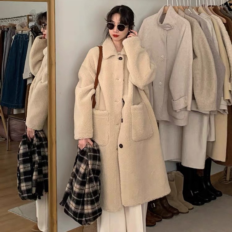 Korean Style Lazy Style Lambskin Mid-length Coat Women's New High-end Fashion Casual Coat for Autumn and Winter 2024