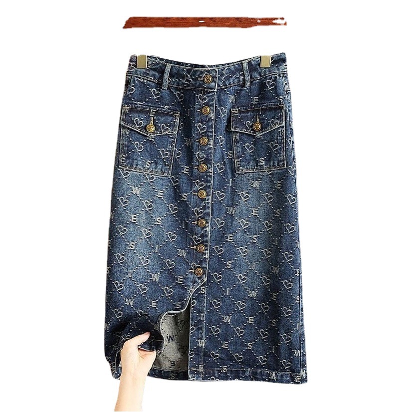 Love Jacquard Western Denim Skirt Women's 2024 Spring and Summer New Casual Easiest for Match Design Slit Hip Skirt