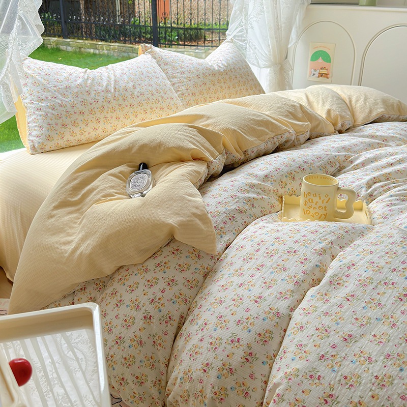Class A Maternal and Infant Grade Color Zhu Cotton Bed Four-piece Set Washed Cotton Fresh Bed Sheet Quilt Cover Student Three-piece Set 4