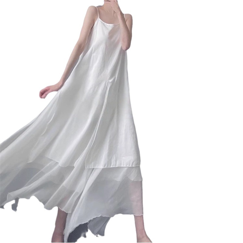 2025 Cotton and Linen Dress Women's Summer New Literary Style Mid-Length Skirt Sleeveless Suspender Skirt Asymmetrical Large Hem Skirt