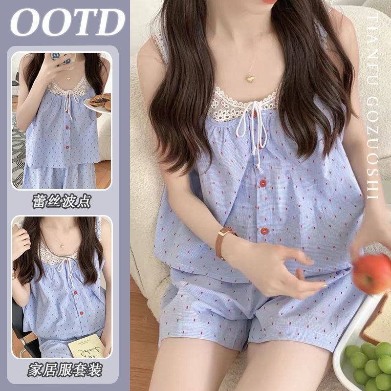 Korean Style Sweet Wave Dot Sling Pajamas Women's Summer Lace Vest Shorts Home Clothes suit Outer Wear