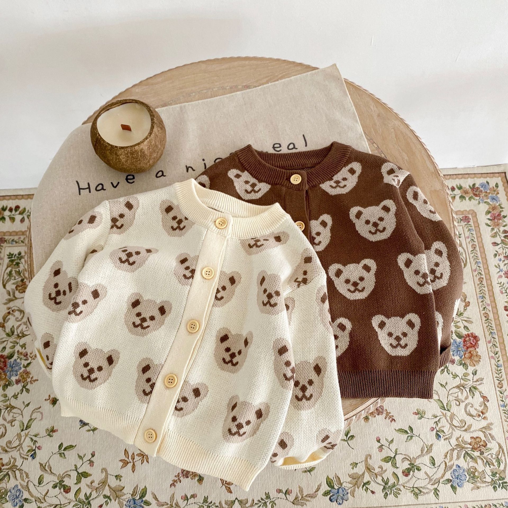 Picture of 2025 Autumn Infants and Young Kidsren 0-3 Years Old Male and Female Baby Bear Jacquard Knitted Long-Sleeved Sweater Jacket Cardigan