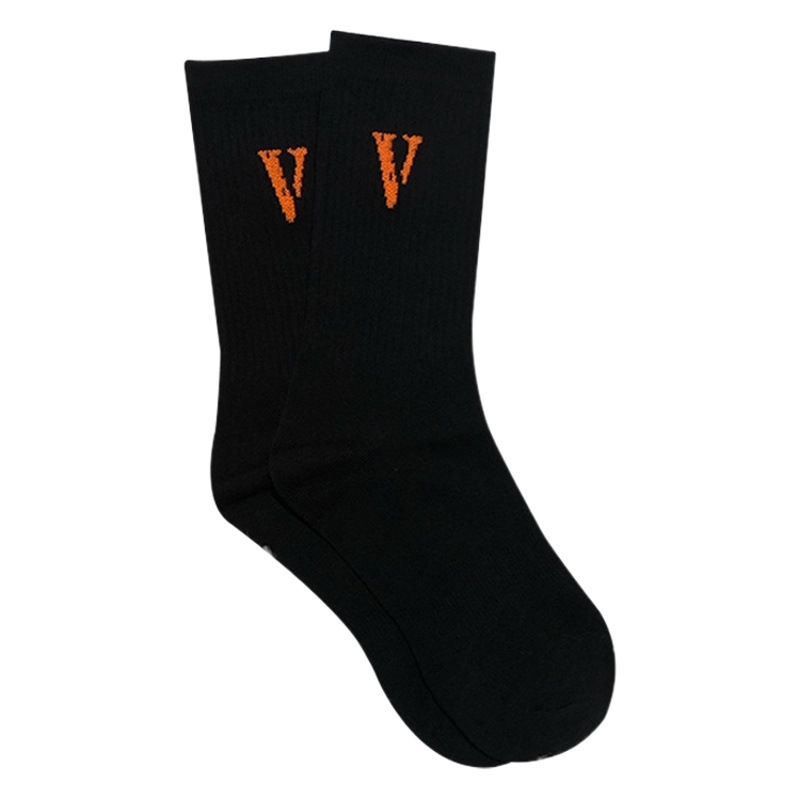 Socks Men's Mid-Calf Socks Vlone European and American Street Skateboard Orange Large V-Shaped Trendy Brand Ins Cotton Women's Stockings Couple