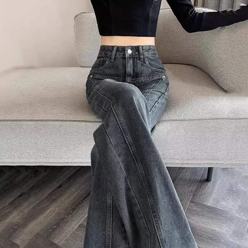 American Style Retro Cement Grey High Waist Wide Leg Jeans Women's Loose Slimming All-match Narrow Straight Pants