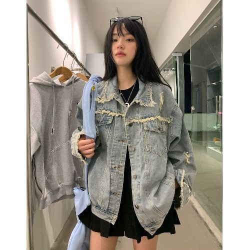 Picture of Korean Style Loose Ripped Edge Denim Jacket Women's Autumn 2023 New Design Sense Niche Jacket ins Top