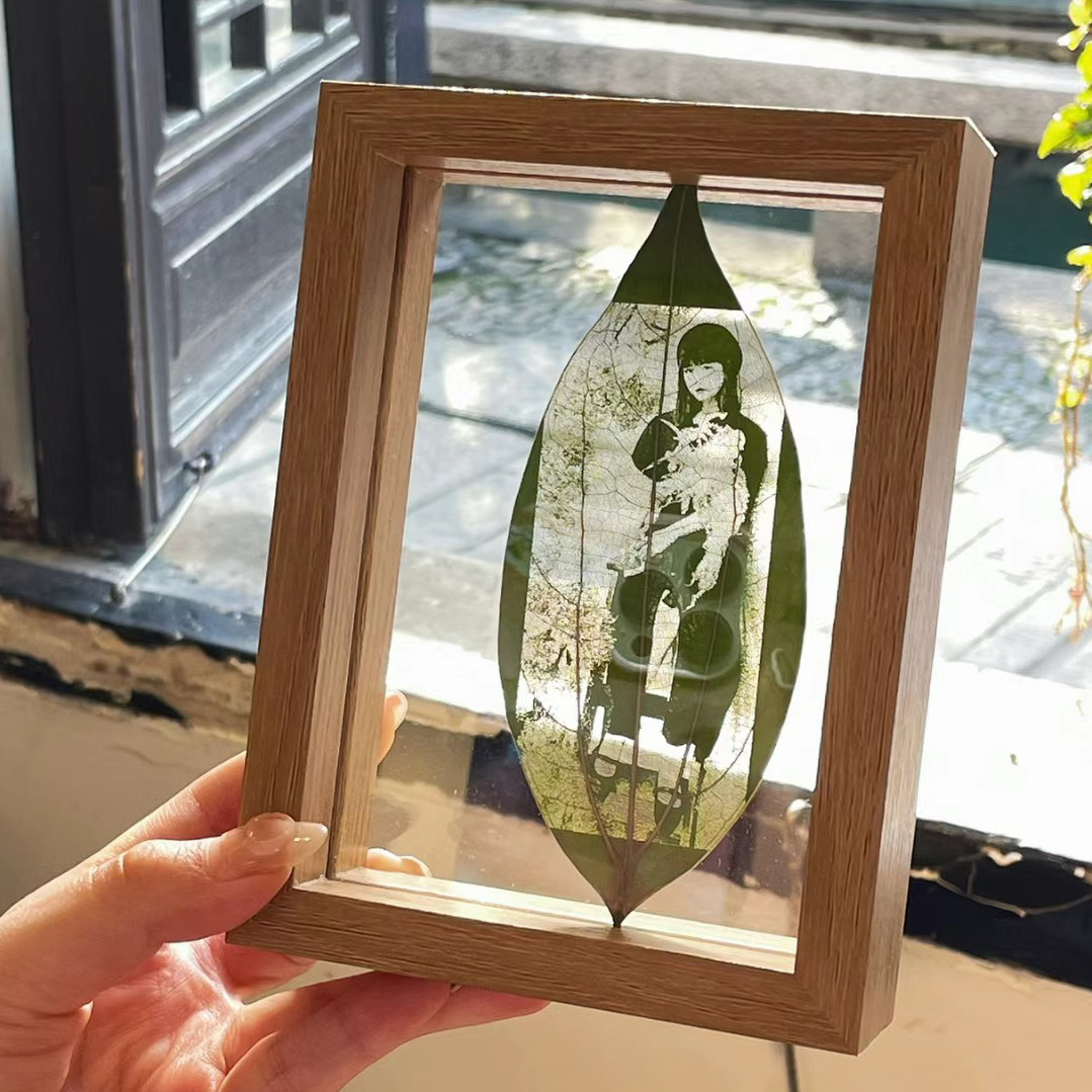 Double-sided glass leaf carving photo frame stand 6 inch DIY dried flower leaves carving photo specimen frame transparent picture frame wholesale