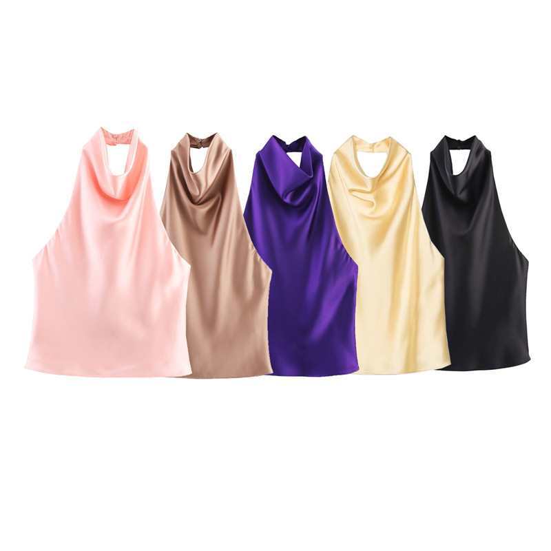 Halter Neck Women's European and American Style New Textured Silk Satin Fashion Spring and Summer Foreign Trade Tops Sexy Hot Girls