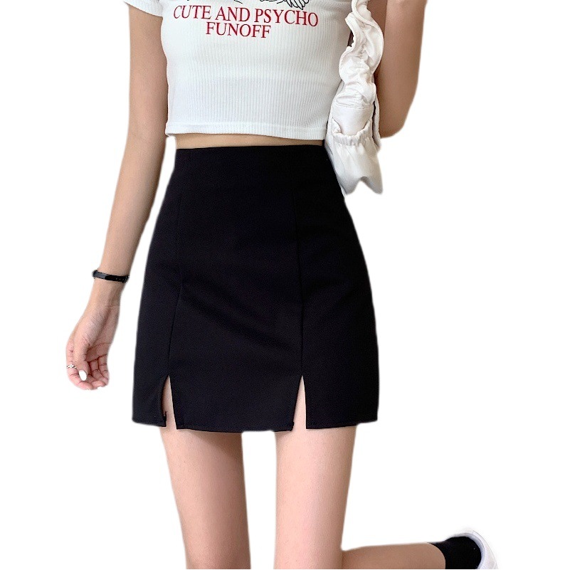 Skirt Women's 2023 Autumn New Double Split Black Skirt Spice Girl High Waist Slimming Hip A- line Skirt