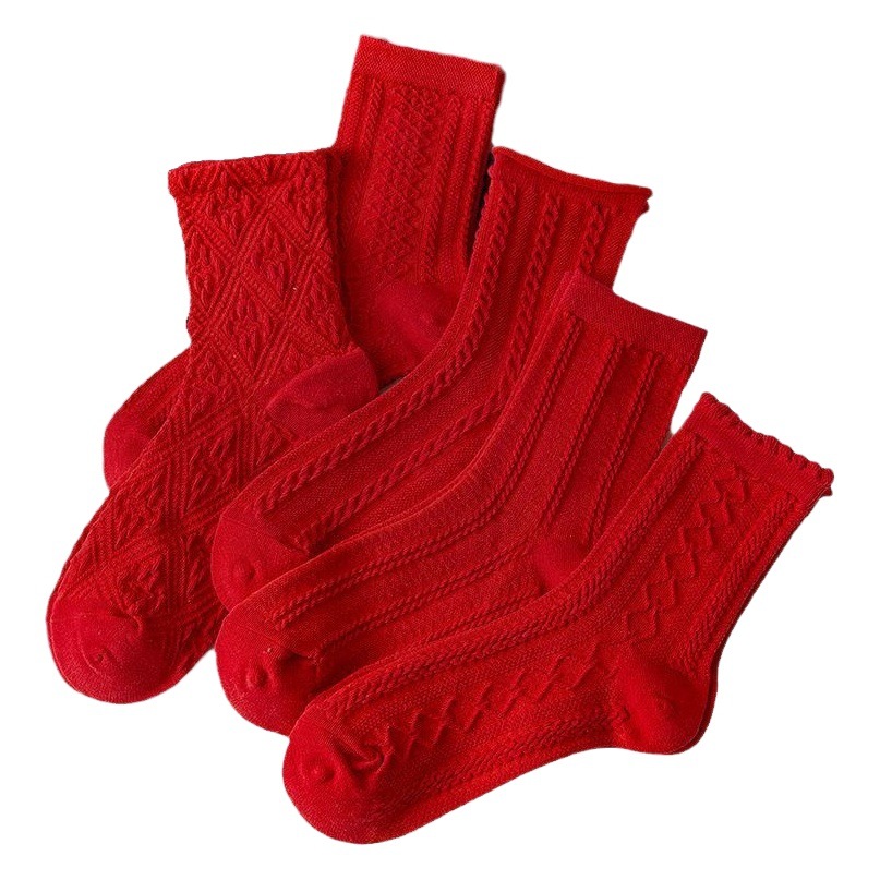 Red Socks for Women in Autumn and Winter, Year of the Dragon, New Year Socks 2024 New Lace Dark Flower Socks Long Cotton Gift Box