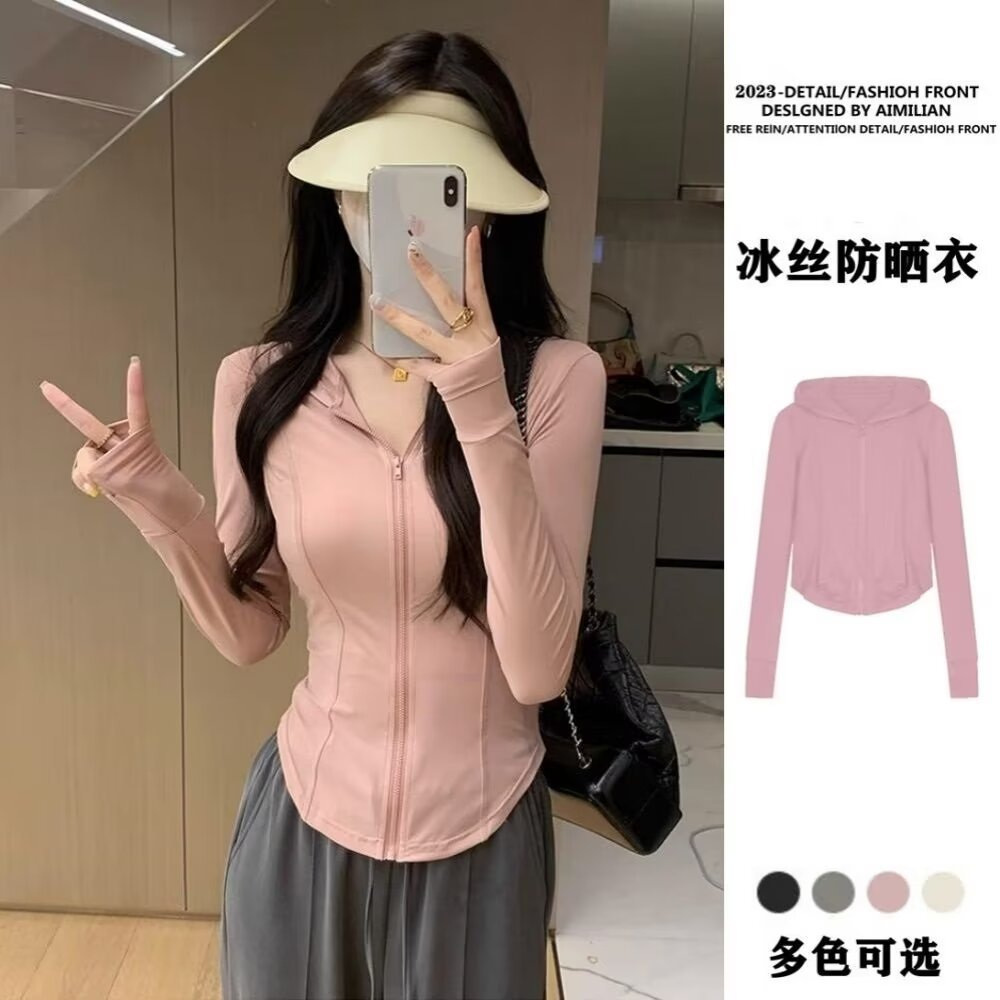 Foreign Trade Cross-Border Upf50+ Slim Waist Sun Protection Clothing Women's Summer Thin Breathable Hooded Slim Long-Sleeved Casual Jacket
