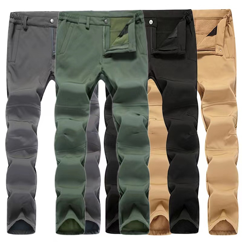 Outdoor Shark Skin Soft Shell Assault Pants Autumn and Winter Windproof and Waterproof Thickeneded Warm Pants Men's Scratching Military Fan Hiking Velvet Pants
