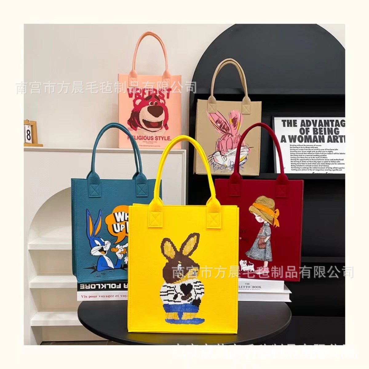 Internet celebrity new style felt cartoon color printing handbag printed felt bag student lunch bag storage bag tote bag