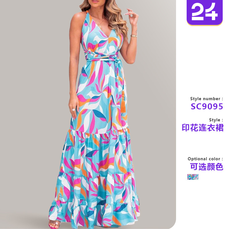 2025 cross-border summer new European and American printed slimming dress waist mid-length skirt temperament commuter backless skirt