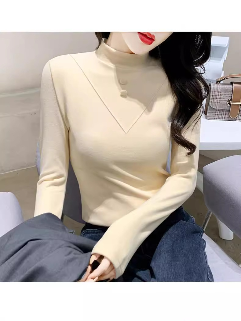 Picture of 1*1 Threaded Double-sided Velvet New Half-high Collar Women's Long-sleeved Top Autumn and Winter Slim-fit Inner Brushed Warm Shirt