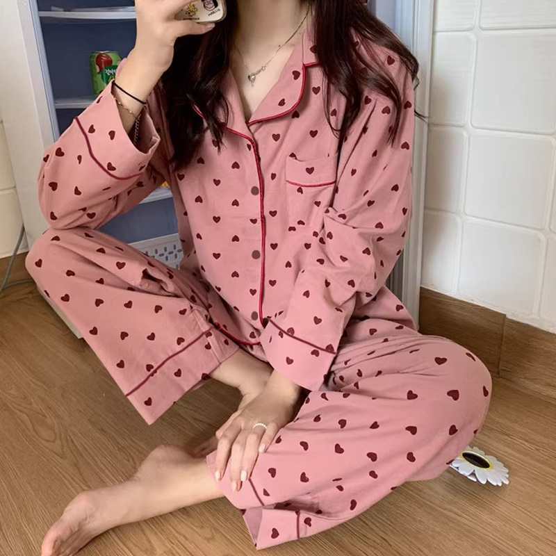 Picture of New Ins Loose Casual Pajamas Women's Simple Sweet Internet Famous Long Sleeve Cardigan Girl's Home Two-Piece Set Wholesale
