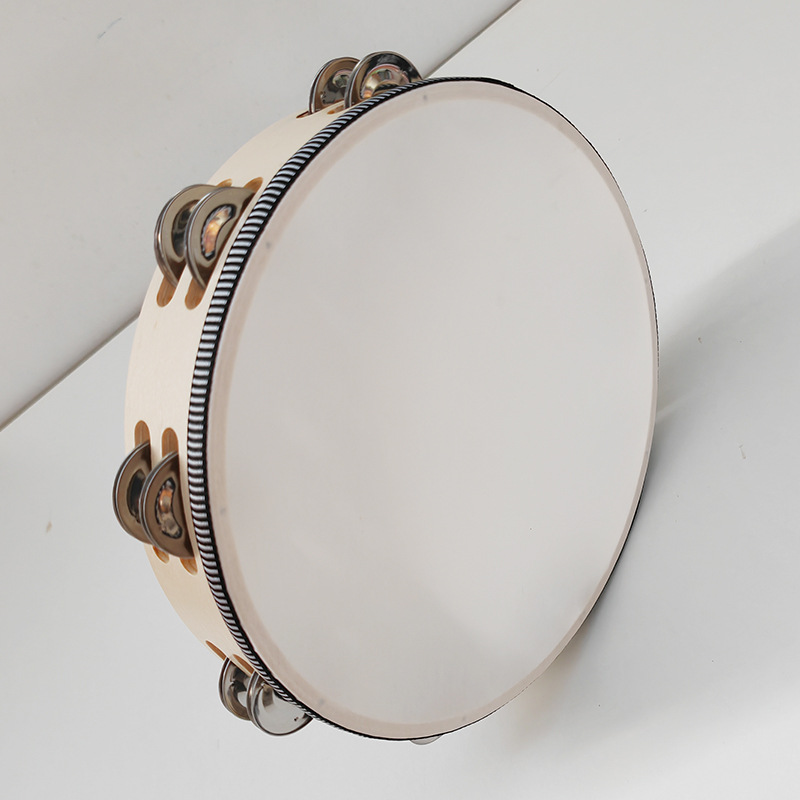 Picture of Wooden Double Row Tambourine Kidsren's Tambourine Percussion Instrument Imitation Goatskin Hand Drum Rattle Orff Musical Instrument Teaching Aids