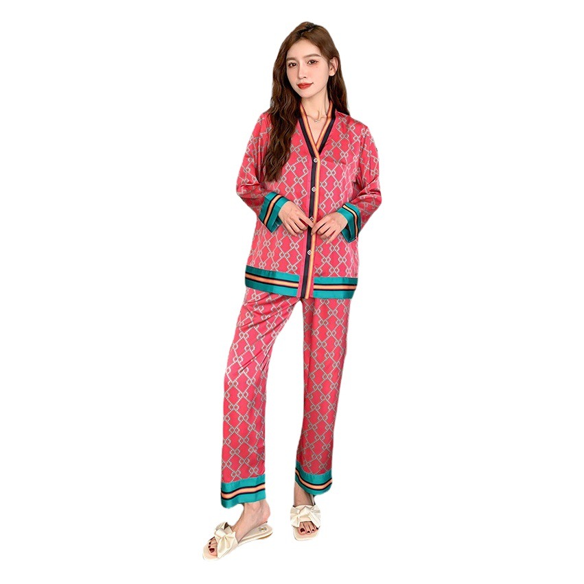 Pajamas Women's Spring and Autumn New Black and White Letter Printed Home Clothes Thin Ice Silk Jacquard Long Sleeve Trousers suit 566