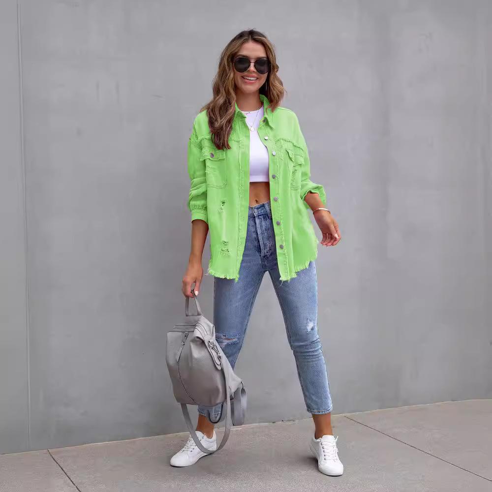 Picture of 2025 New European and American Style Mid-Length Raw Edge Ripped Denim Jacket Women's Autumn and Winter Long-Sleeved Casual Lapel Top