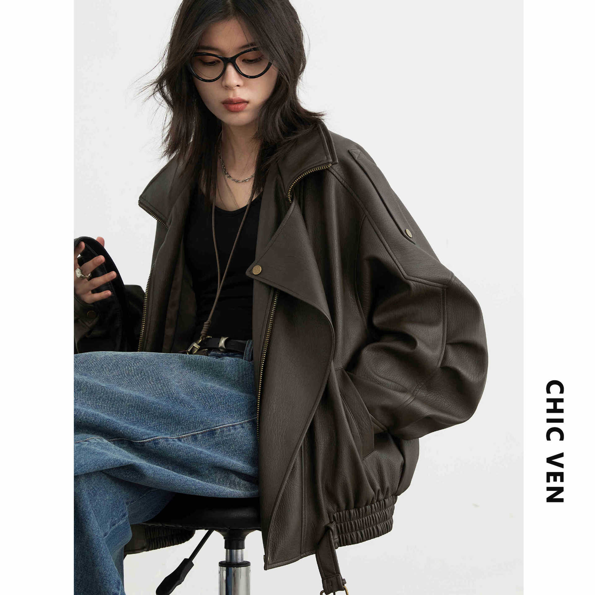 CHICVEN "roaming autumn" autumn new heavy industry retro collar motorcycle leather jacket PU jacket jacket