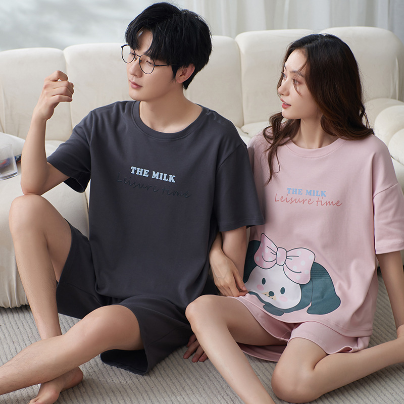Summer New Couple Pajamas Women's Short-sleeved Simple Cotton suit Korean Style Men's Casual Plus Fat plus size Home Clothes