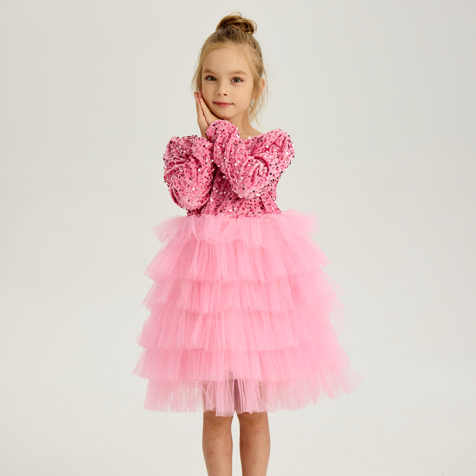 Girls Dress Backless Bow Temu Spring & Fall Tutu Skirt Sequined Long-Sleeved Dress Kidsren's Princess Dress