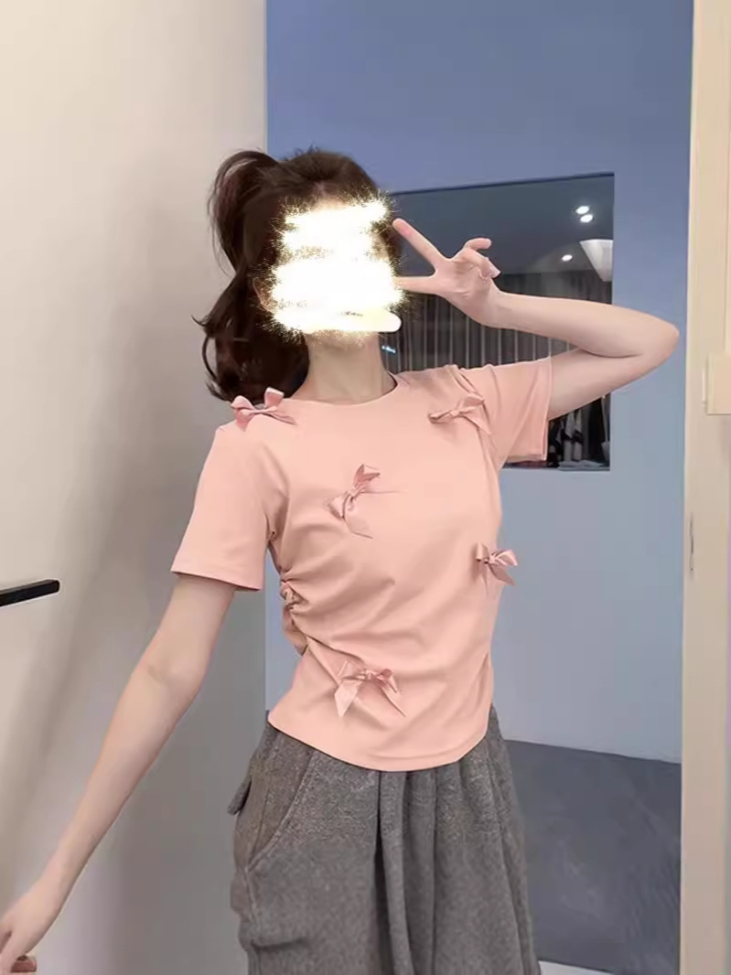 Cross-border Cotton Sweet Hottie Bow Pinch Waist Slimming Look Shirt for Women 2024 Summer New Style Women's Chic Short-sleeved Top