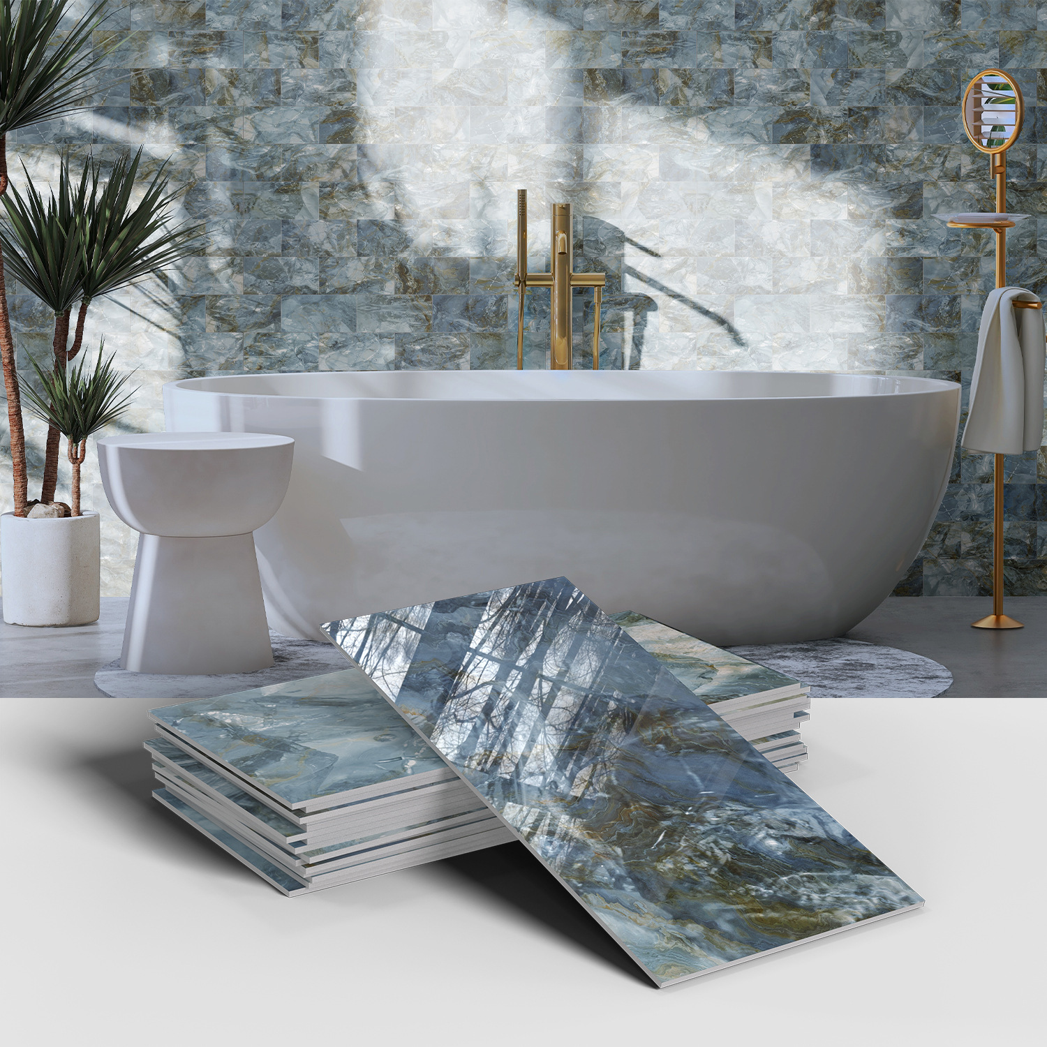 Picture of Crystal Marble Tile Wall Stickers Thickened PET Waterproof Self-adhesive Wallpaper for Kitchen Living Room Wall Decoration Cross Border