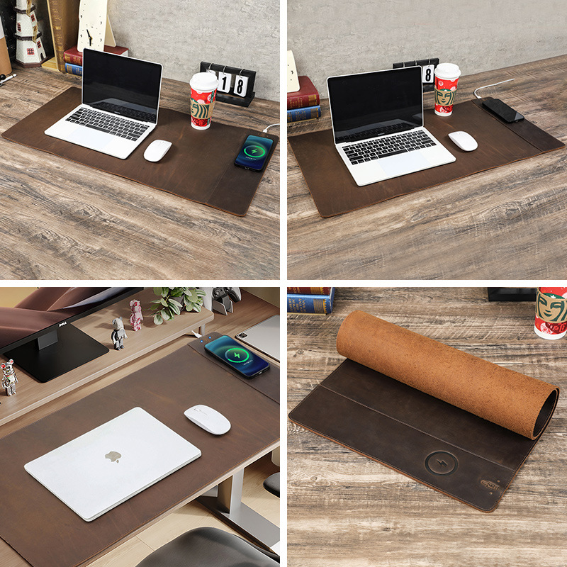 Picture of Retro Brown Cowhide Mouse Pad Oversized Dirt-Resistant Waterproof Belt 15W Wireless Leather Computer Office Mat