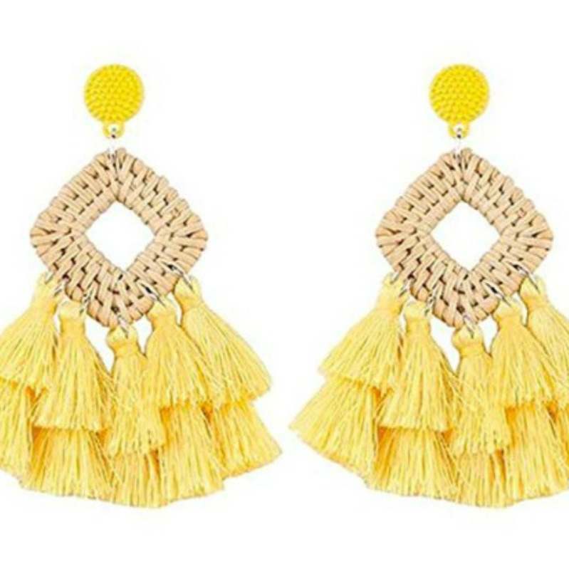 Picture of European and American Cross-Border Amazon Hollow Square Tassel Earrings, Fashionable Retro Personality Geometric Rattan Set Earrings