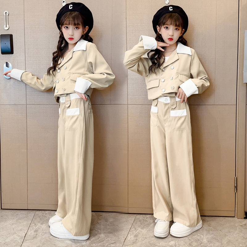 Girls' Suit suit Spring and Autumn New Fashionable Cyber Popular Middle and Big Children's Wide Leg Pants Girls' Autumn Academic Style Two-piece Set