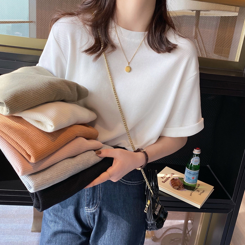 Foreign Trade Solid Color Half-sleeve T-shirt Women's Summer New Loose Slimming All-match Wafflough Girls' Top Half-sleeve