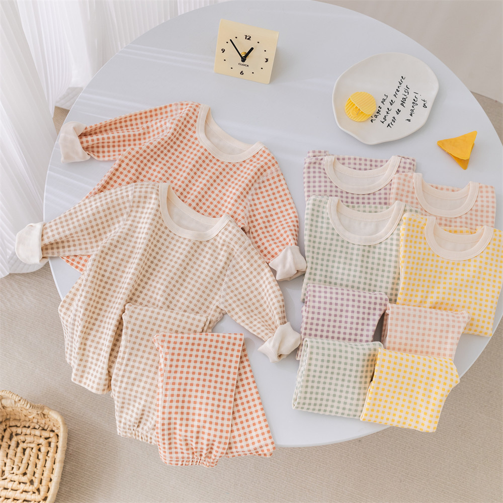 Picture of ins Plaid children's home wear underwear suit boys and girls baby bottoming clothes children's autumn clothes long pants suit